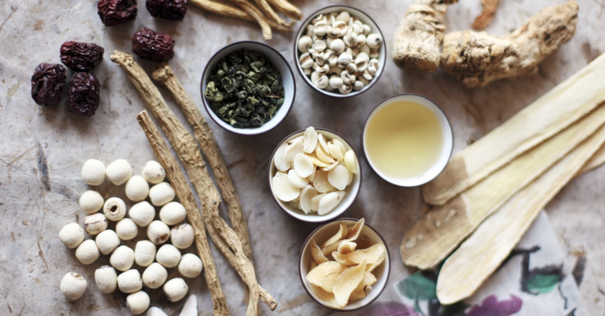 Natural herbs and spices in cups.