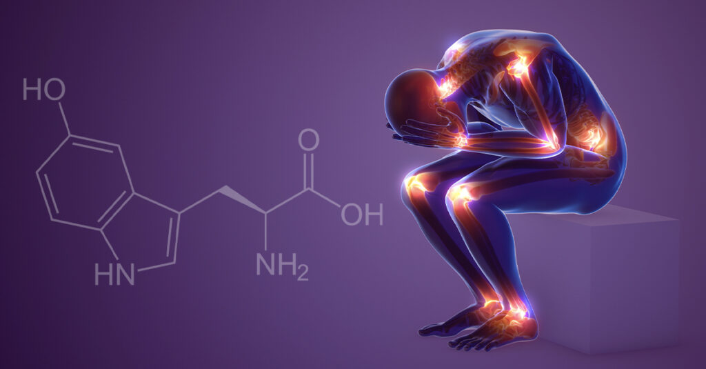 Illustration of joint pain with a person sitting bent over holding their head in pain with all joints glowing indication inflammation. Purple background with an overlay of the chemical structure of 5-Hydroxytryptophan. The Anti-Inflammatory Benefits of 5-HTP: How It Supports Wellness